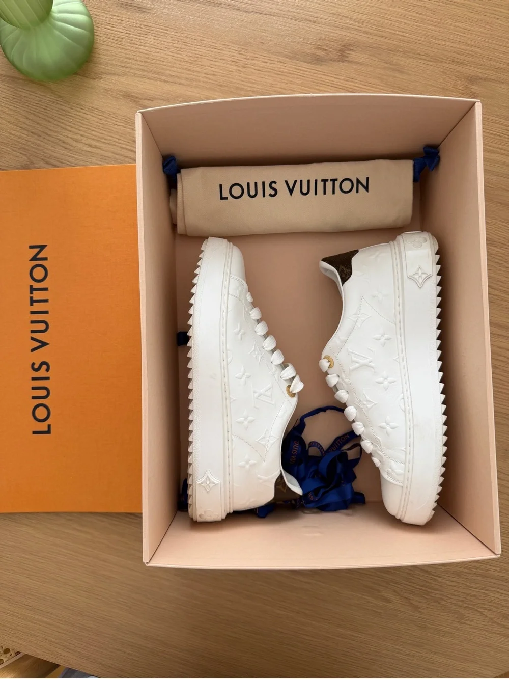 Louis Vuitton White Monogram Embossed Leather Sneakers with Brown Heel